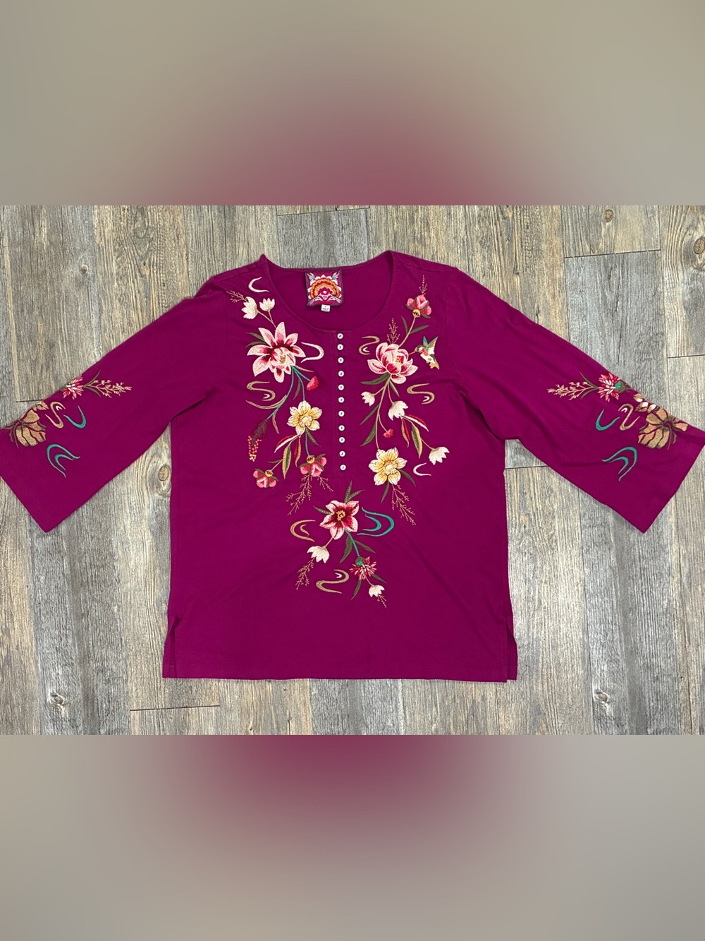 Johnny Was Large Magenta Keone Flora Embroidered Henley 3/4 Sleeve Top Blouse